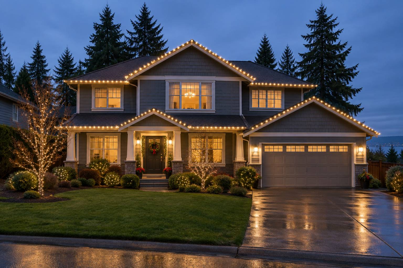 Home decorated with professionally installed holiday lights
